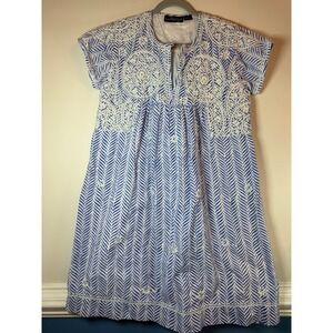 Liza Byrd Blue White Chevron Cotton Shift Dress Crochet Lace Yoke Womens Large